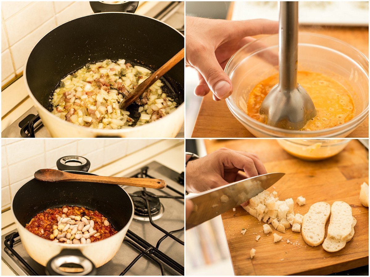 Cuociamo i legumi con il concentrato di pomodoro, la pancetta e il guanciale