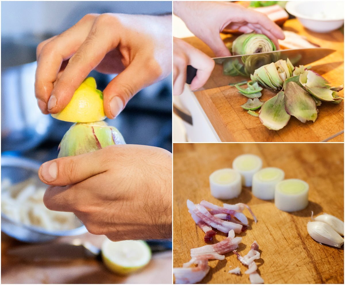 Preparazione degli ingredienti carciofi e porri