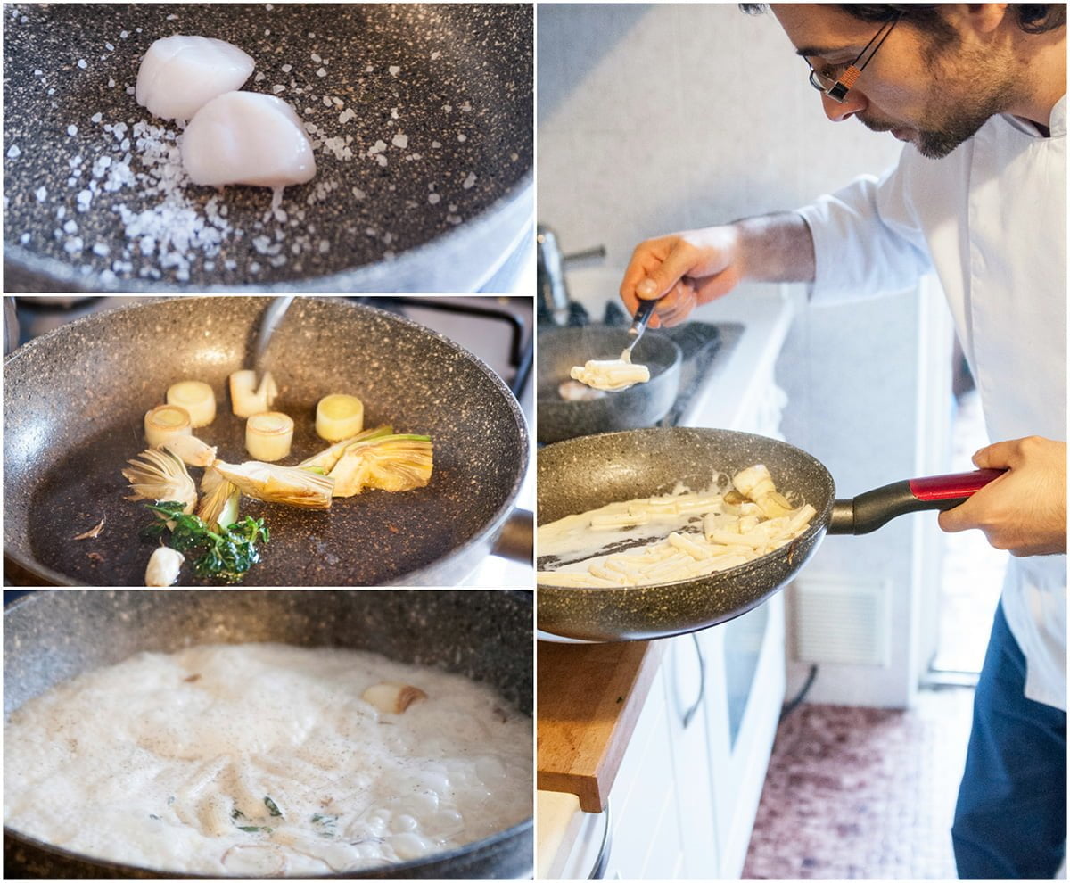 Preparazione delle capesante, carciofi e mantecatura della pasta