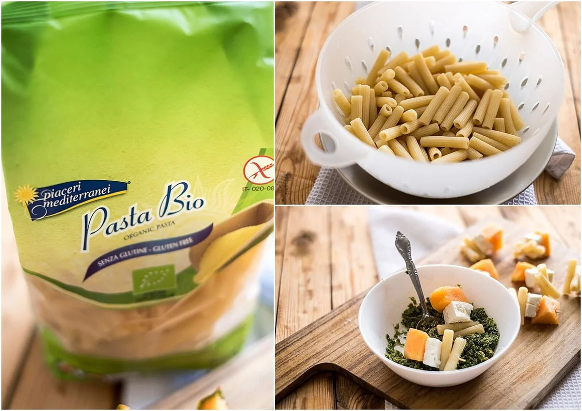 Fasi della preparazione della ricetta: mentre cuoce la pasta mescolate gli ingredienti per gli spiedini. Una volta pronta, scolate la pasta senza glutine