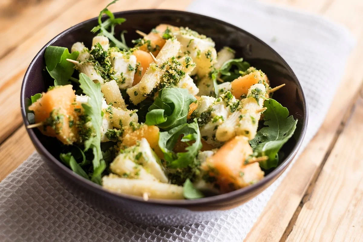 Spiedini di pasta bio senza glutine con Feta, Rucola e Melone