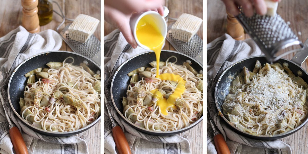 Spaghetti di riso semigreggio alla carbonara di carciofi