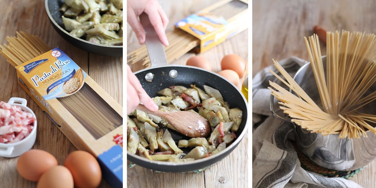 Spaghetti di riso semigreggio alla carbonara di carciofi