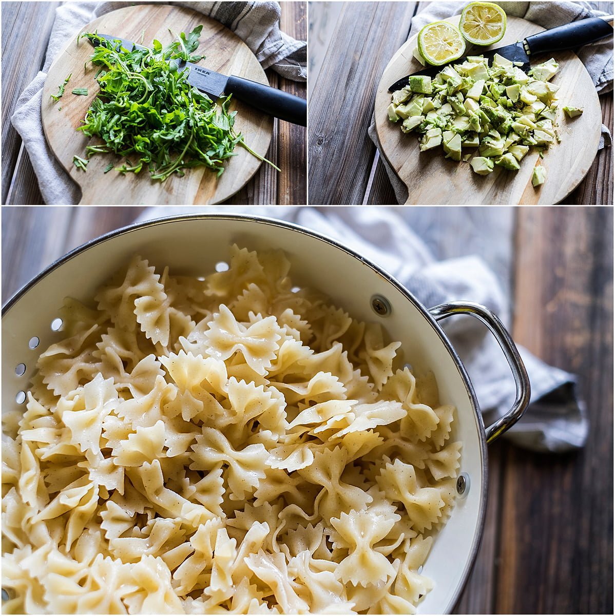 Insalata di pasta con avocado, rucola, pinoli e pomodorini confit