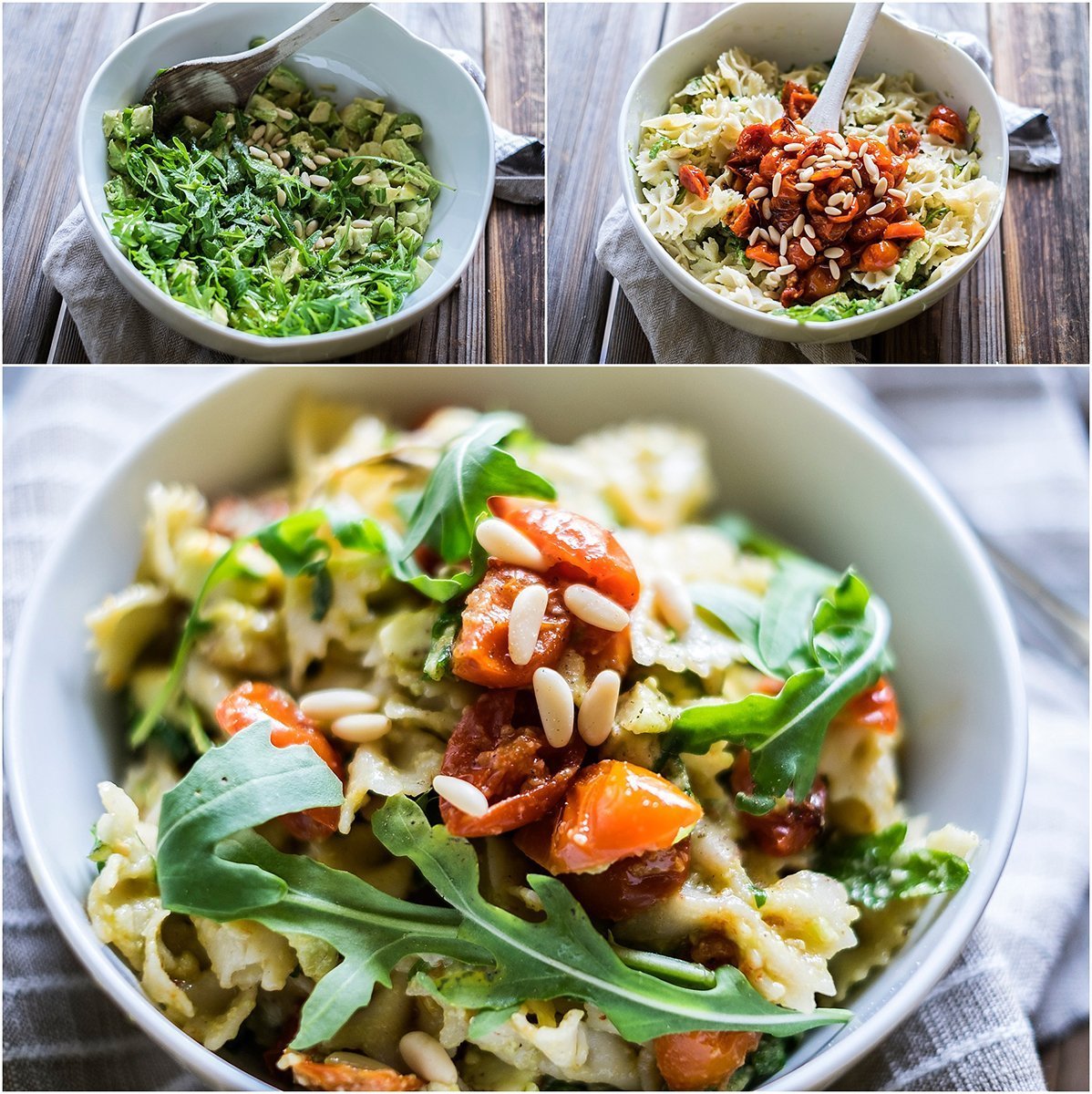 Insalata di pasta con avocado, rucola, pinoli e pomodorini confit